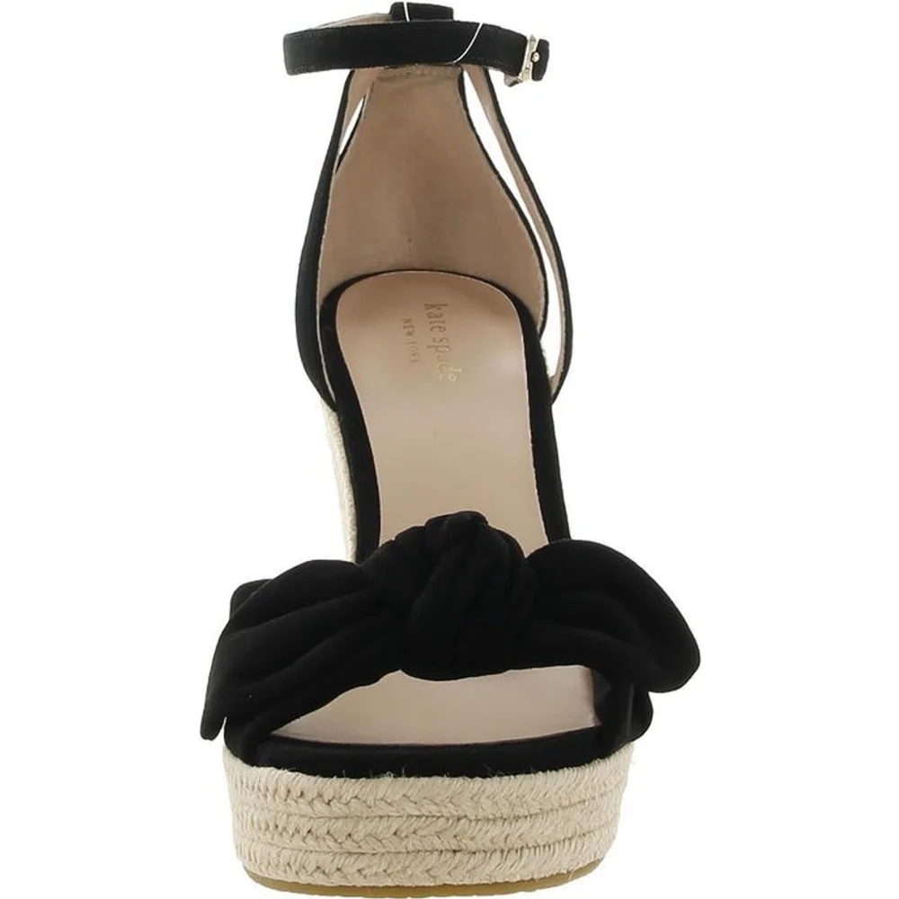 Kate Spade Tianna Suede LEATHER Bow Strap Espadrille Wedge Sandal 10 B BLACK